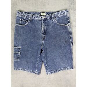 Guess Shorts Mens 38 Blue Denim Baggy Carpenter Vintage Made In USA Green Logo